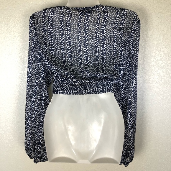 VICI Sheer Navy Polka Dot Metallic Thread Wrap Long Sleeve Blouse size Medium - Picture 7 of 12